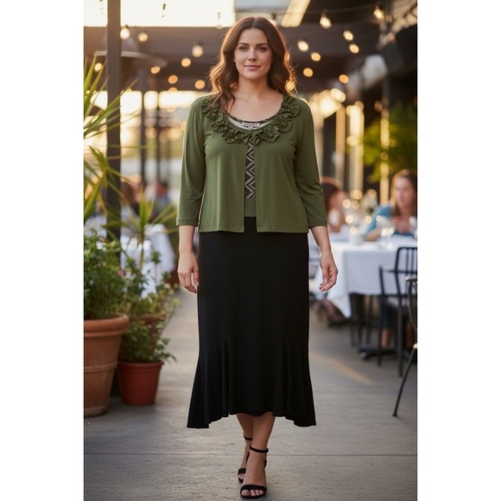 Danny and Nicole Dress Set Women 14 Olive Green Black Excellent 2-Piece‎ Ruffle